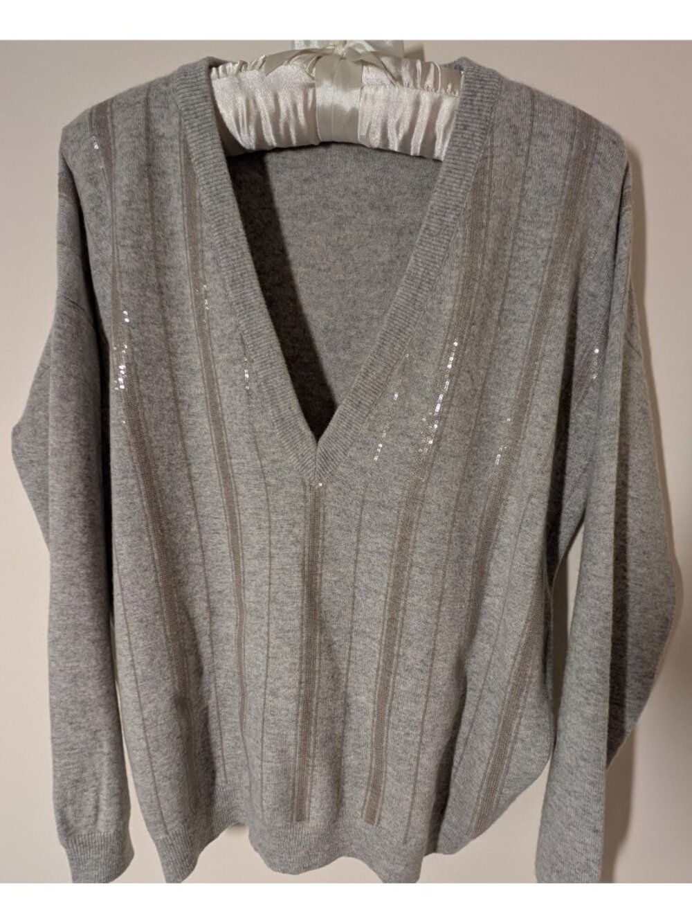 Brunello Cucinelli Deep V-Neck Gray Striped 100% Cashmere Sweater, Size Small